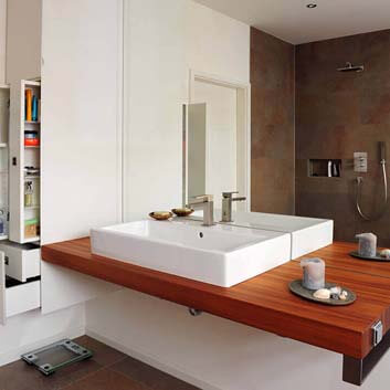 Bathroom vanity cabinet with a wooden countertop, rectangular ceramic sink, and smart storage solution for cosmetics and toothbrushes